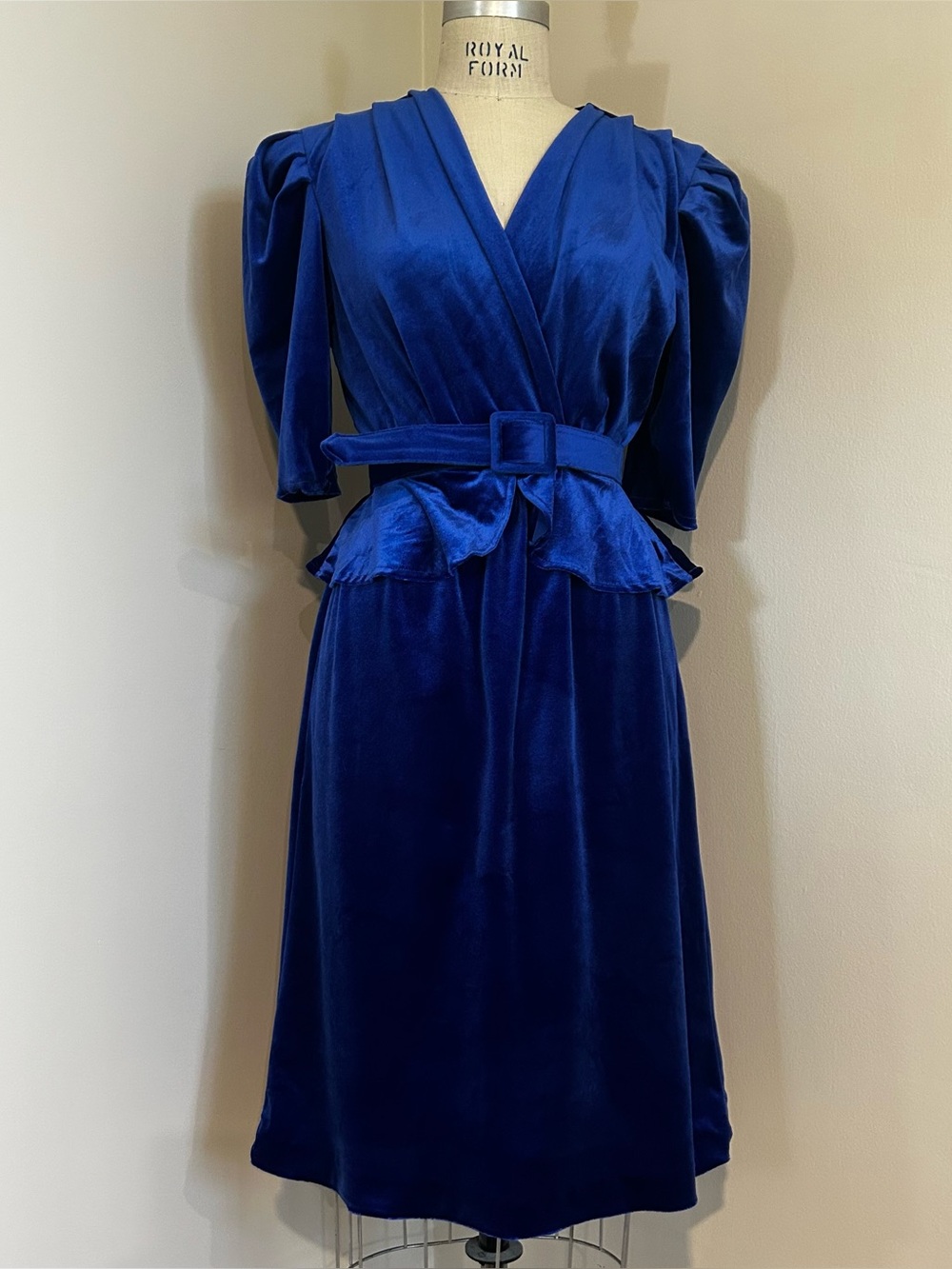 VTG 80s Royal Blue Velvet Peplum 2-Piece Set Jacket Skirt USA Sz 8